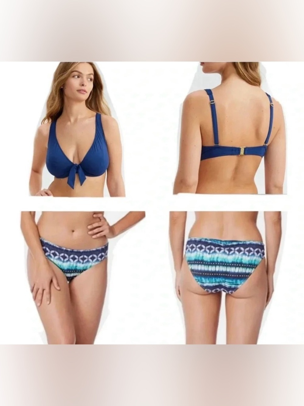 Blue Rod Beattie Kore Tie Front Bikini Top Size 34DD and Bikini Bottom Size 8